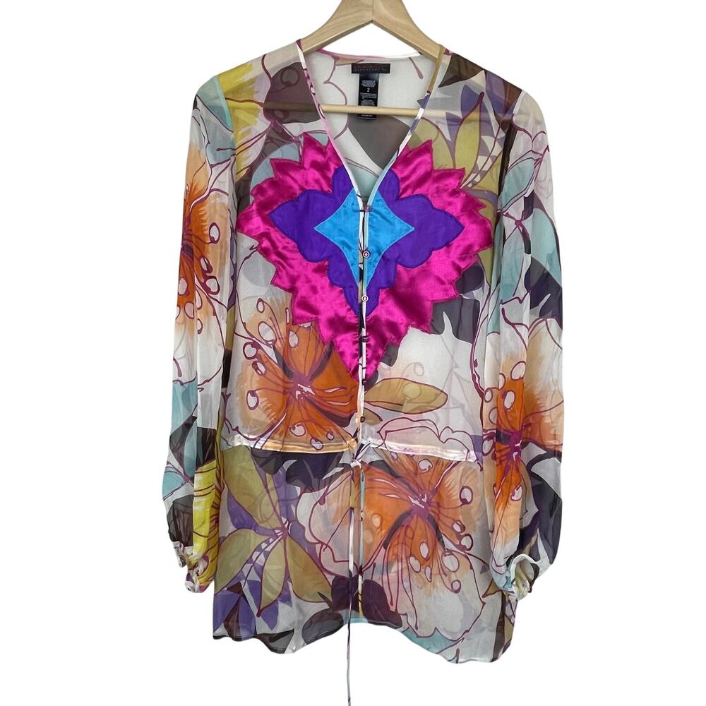 Custo Barcelona Tunic Top‎ Silk Blend Sheer Button Popover Drawstring sz 2 Small